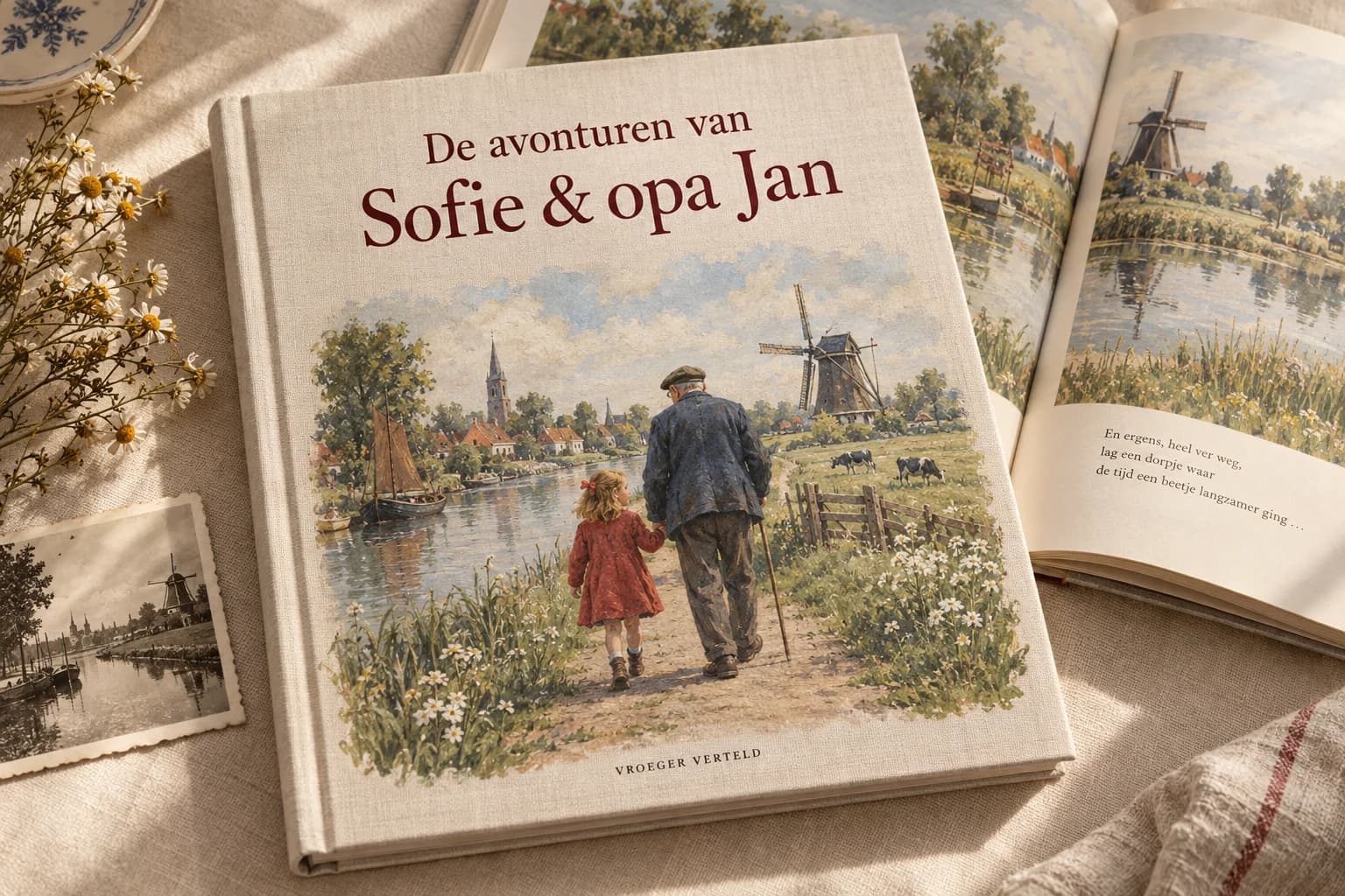 Voorbeeld van het persoonlijke linnen prentenboek, met nostalgische illustraties.