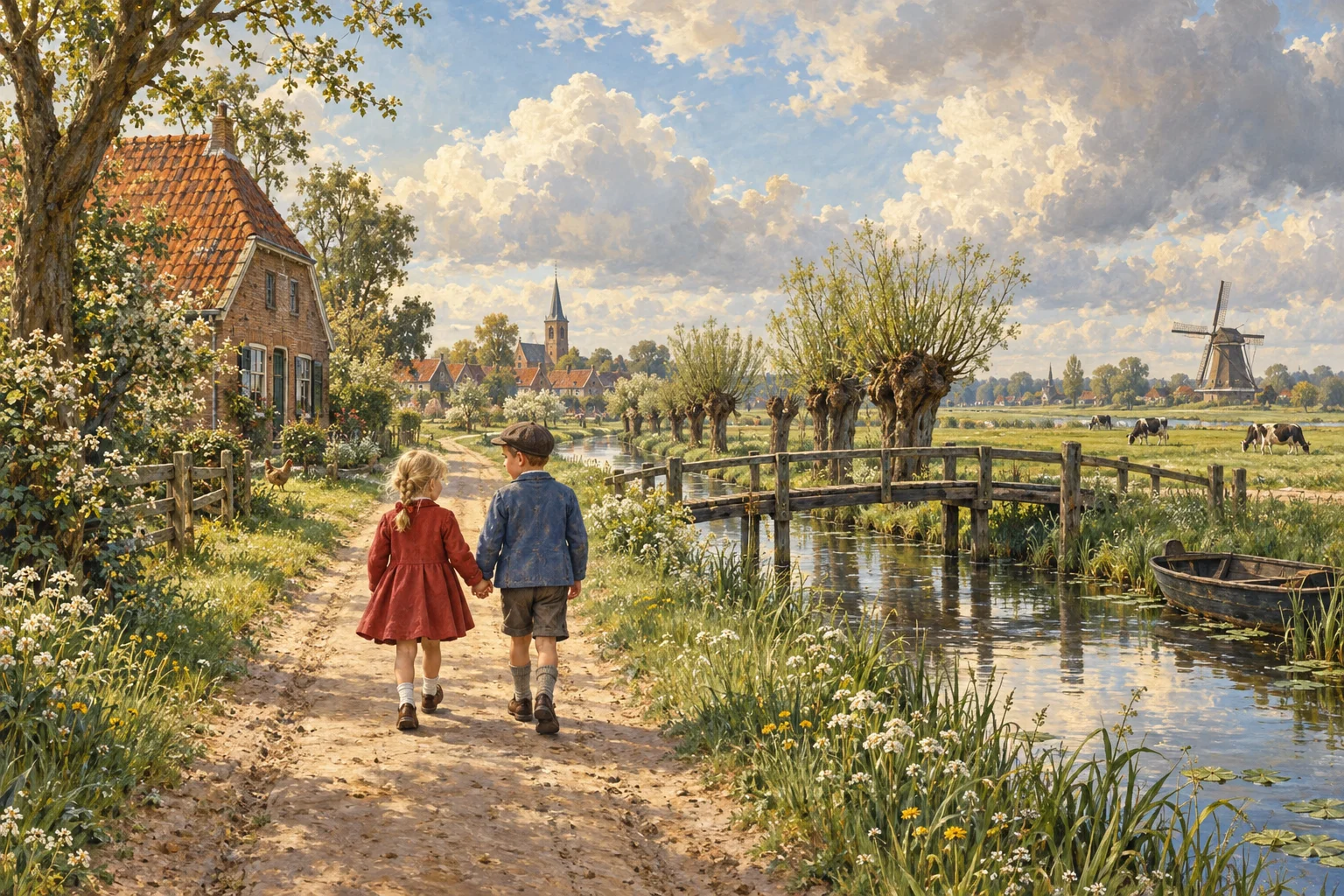Een nostalgische illustratie van twee kinderen op een Hollands landweggetje