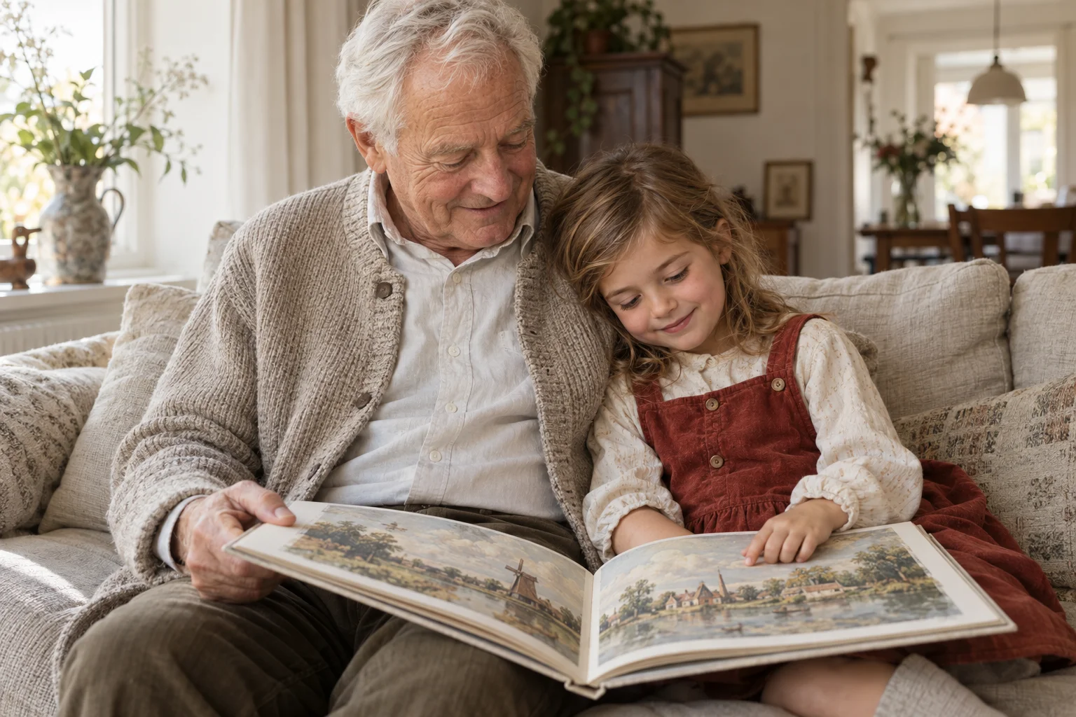 Opa en zijn kleindochter lezen samen een prentenboek